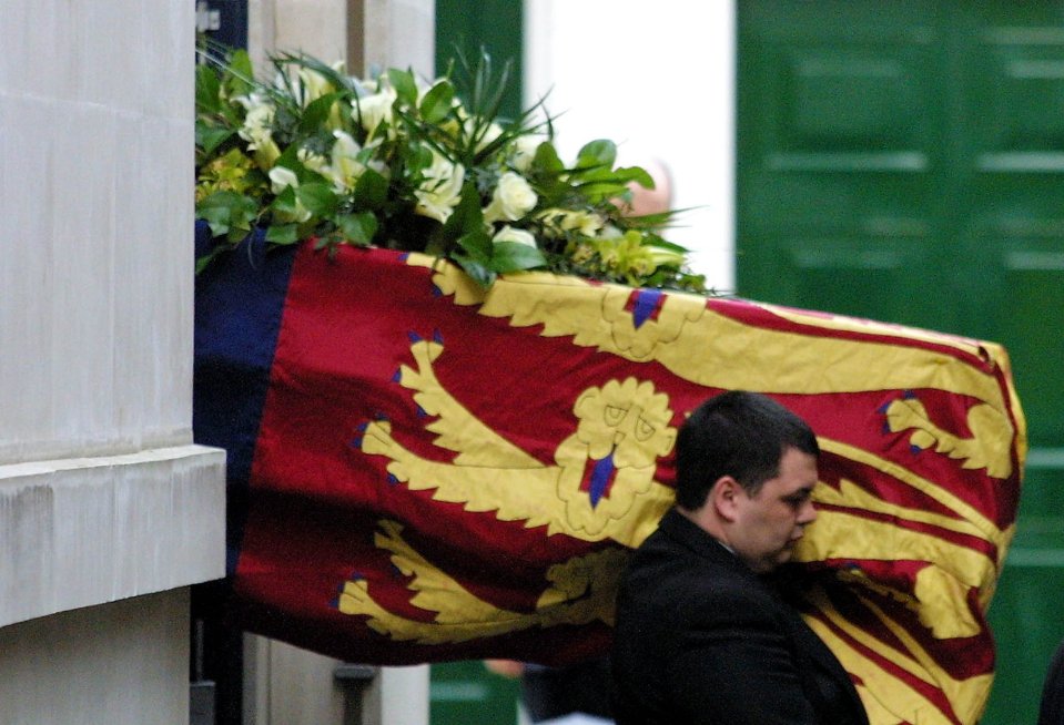 Her coffin is carried out of hospital following her death in February 2002