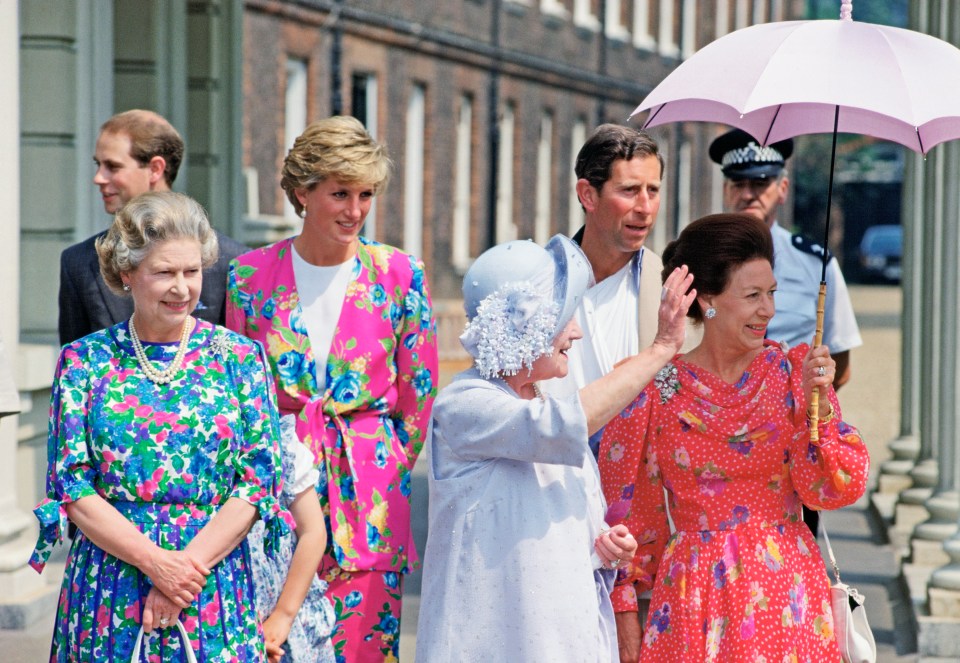 Prince Edward, the Queen, Princess Diana, the Queen Mother, Prince Charles and Princess Margaret are pictured outside Clarence House in 1990