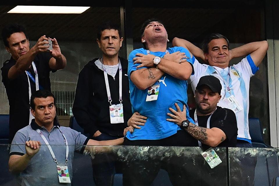 A manic Maradona concerned fans when he was spotted at the Russia World Cup in 2018 behind Perspex screens covered in mysterious white powder