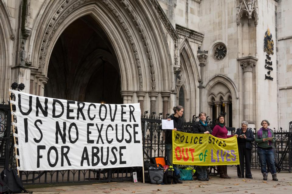 Picketers protesting the abuse by undercover cops outside the Court of Appeal in London in 2013