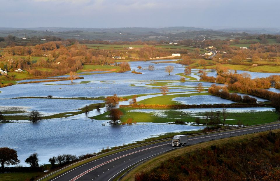 Fields that have been flooded near St Clears in Carmarthenshire, Wales