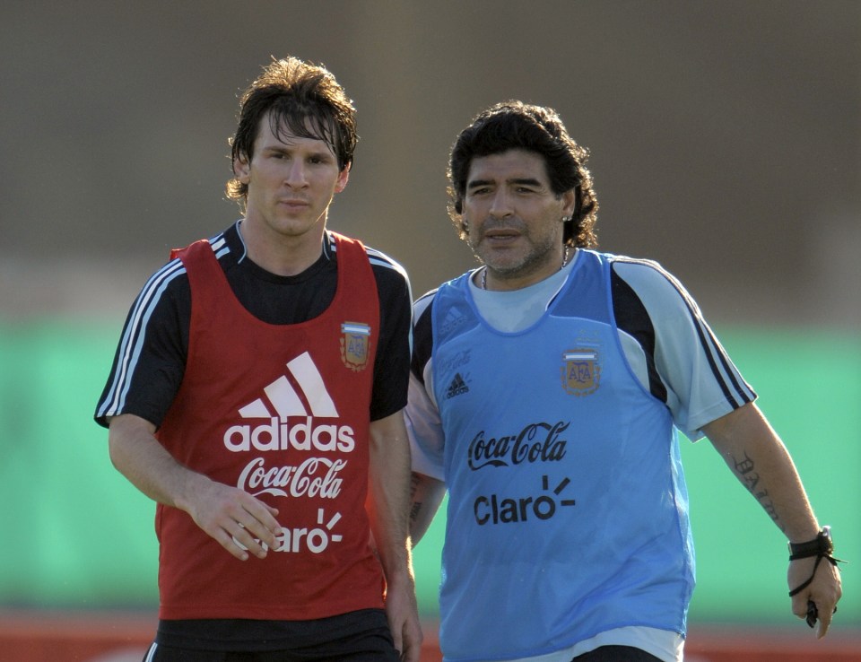 Maradona enjoys a training session with fellow Argentine star Lionel Messi