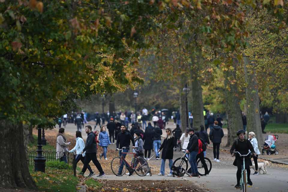 Cyclists, dog walkers and joggers pack London's Green Park