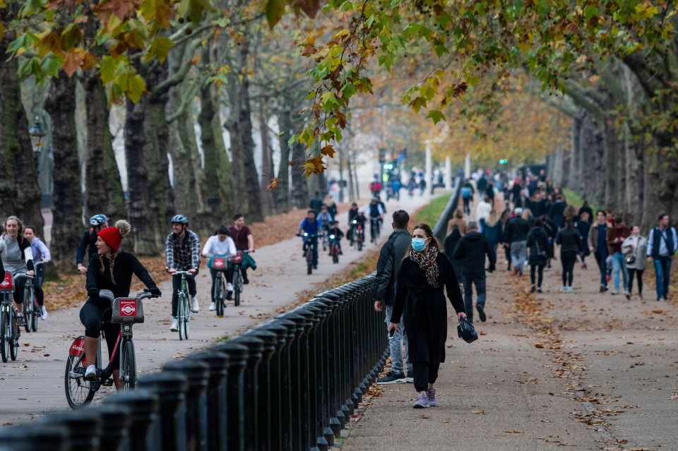 Cyclists and walkers pack Constitution Hill during the first weekend of the second lockdown in England