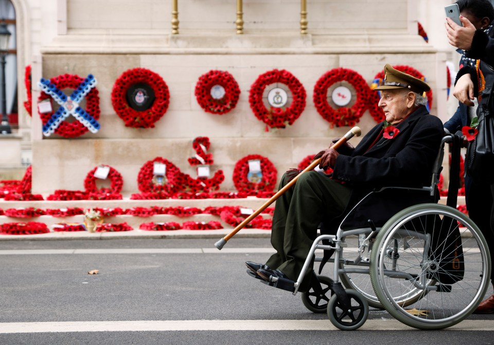 A veteran on a wheelchair reacts during for an Armistice Day remembrance commemoration