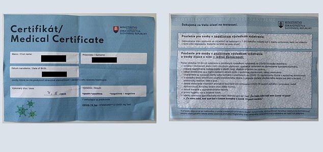 Residents in Slovakia were given a certificate if they tested negative for the virus