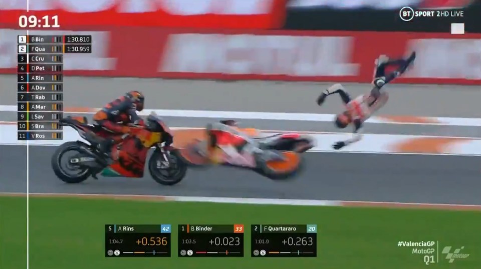 Alex Marquez is thrown off his motorbike in qualifying for Valencia Moto GP