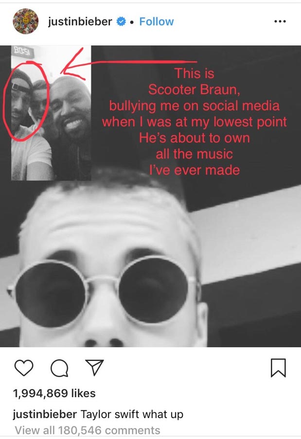 Bieber's social media post, with a picture of himself Braun and West, was slammed as bullying by Swift