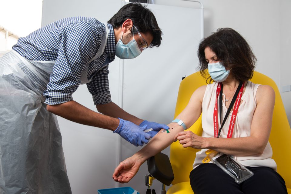 A volunteer being given the Oxford coronavirus vaccine during its mass trial