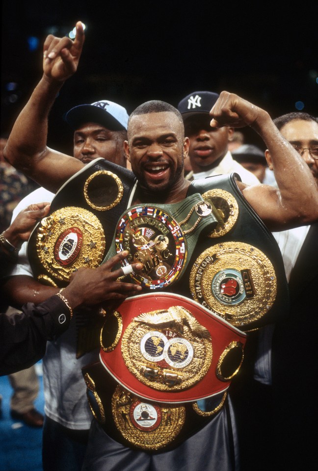 Roy Jones Jnr celebrates after he defeated David Telesco for the WBA, WBC and IBF light heavyweight titles on January 15, 2000