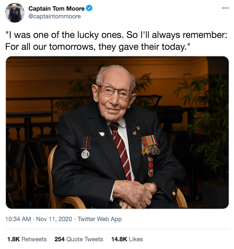 Captain Tom Moore paid a touching tribute on Twitter