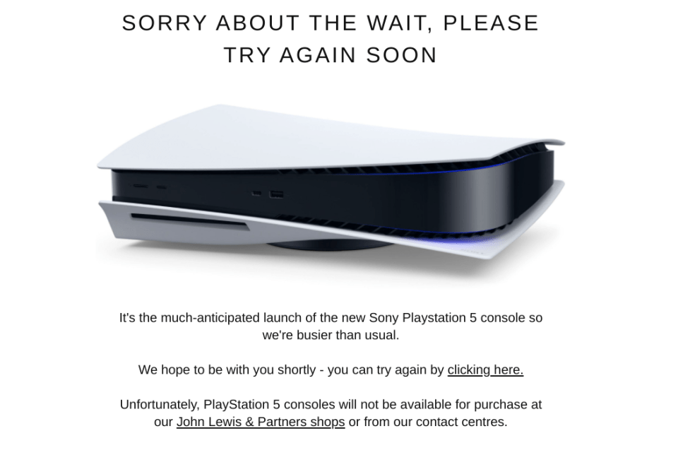 John Lewis customers were told to 'try again soon' when trying to buy a PS5