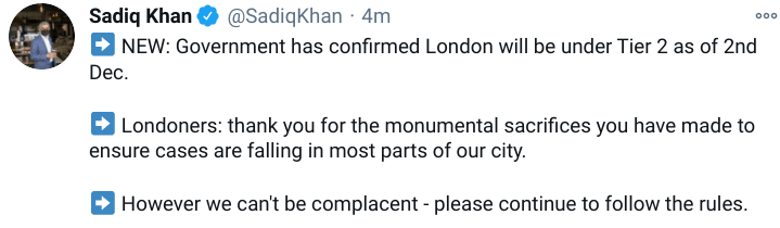 London's Mayor Sadiq Khan has thanked Londoners for their 'sacrifices'