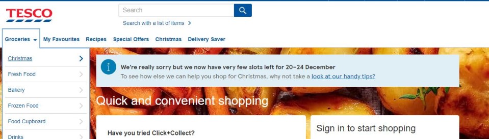 Tesco has apologised to customers for the lack of delivery slots for the festive period