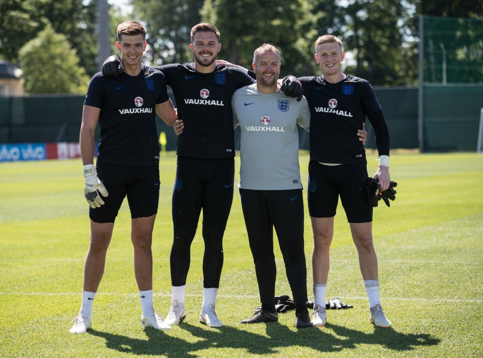 England No1 Jordan Pickford with his arm around national coach Martyn Margetson