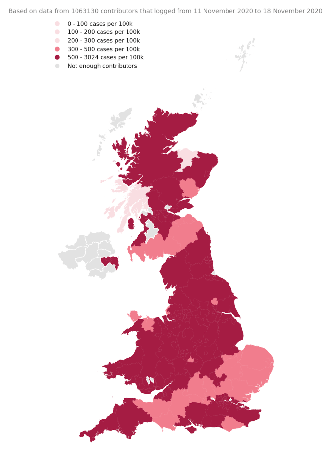 The map above shows which areas of the country have the most coronavirus infections 