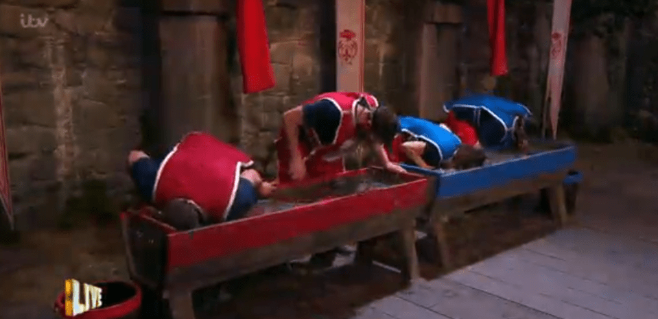 The two teams had to stick their faces in troughs full of gunge and offal to find gold coins 