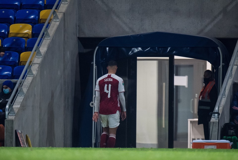 Saliba, 19, was sent off against AFC Wimbledon in midweek