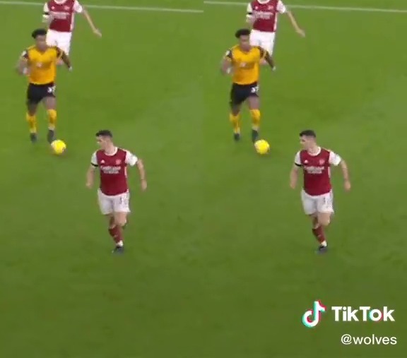 Wolves have poked fun at Arsenal's Granit Xhaka trying to defend against Adama Traore