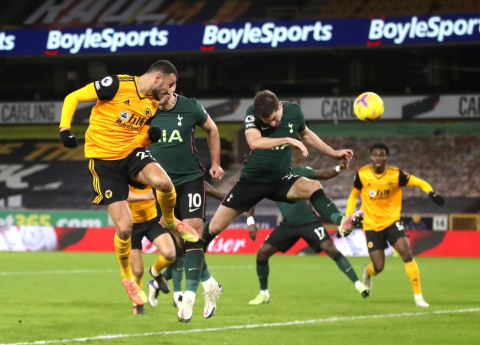 Romain Saiss heads Wolves' equaliser in the 1-1 draw with Tottenham.