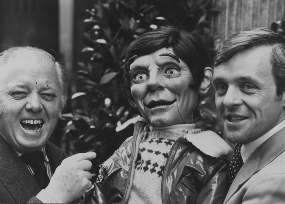 Anthony Hopkins with 'Fats' the dummy and Sir Richard Attenborough, at a reception for Magic