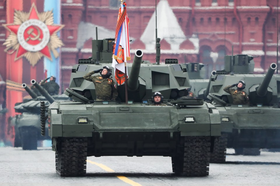 Russia's T-14 Armata tanks take part in a Red Square Victory Day parade on May 9