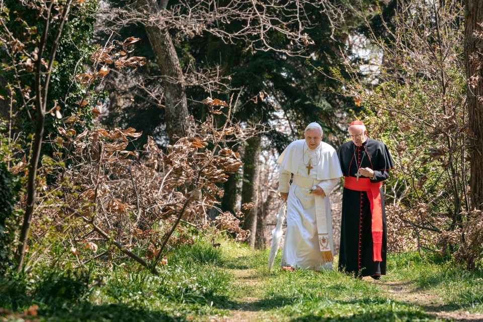 Sir Anthony Hopkins with Jonathan Pryce in a scene from The Two Popes