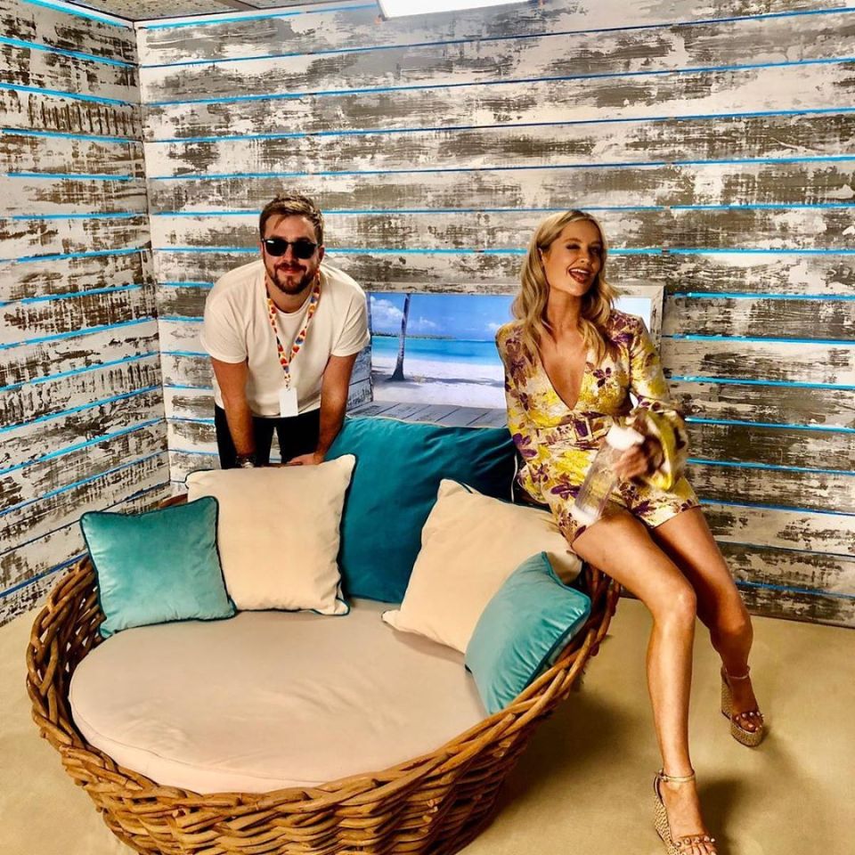 Laura and Iain on the set of Love Island, where they both work