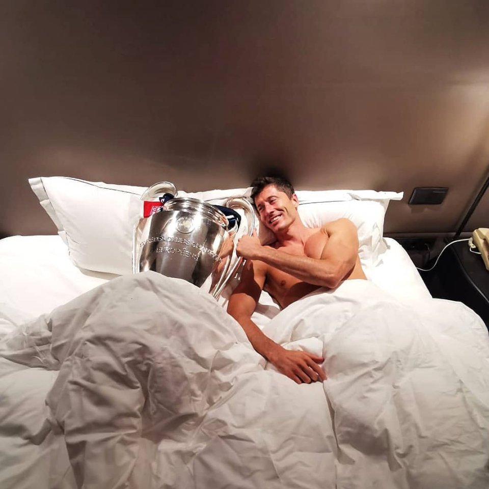 Robert Lewandowski in bed after winning the  Champions League final against PSG