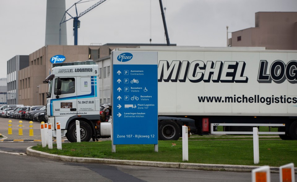 Refrigerated HGVs loaded with the coronavirus vaccine leaving Pfizer's plant in Belgium bound for the UK