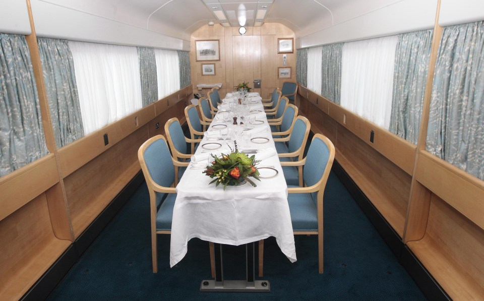 The train features a 'dining hall' with Formica tables