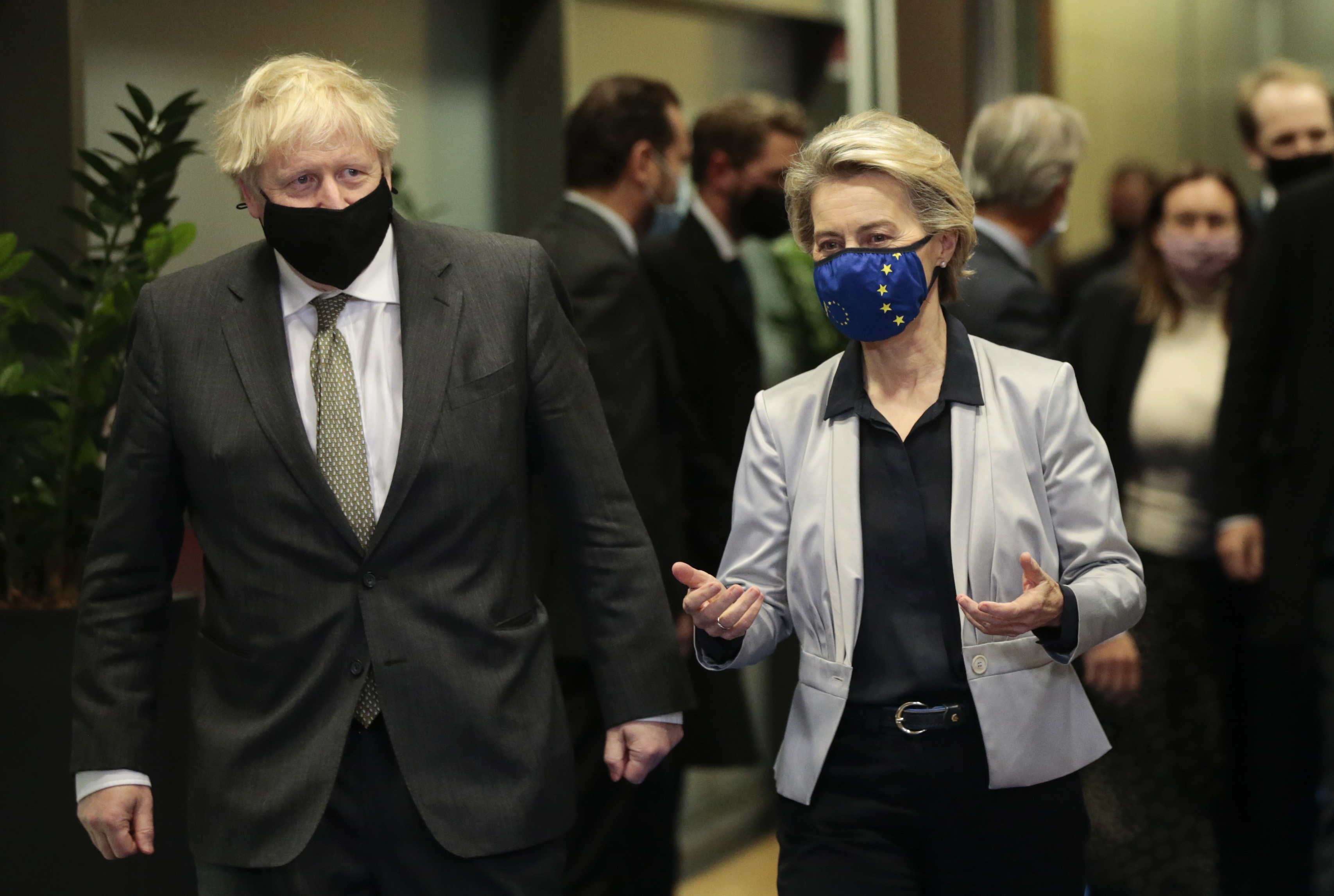 European Commission President Ursula von der Leyen speaks with Boris Johnson