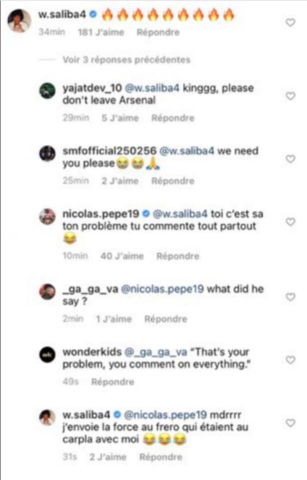 Saliba commented on Matteo Guendouzi’s Instagram account that he feels ‘locked up’ at Arsenal