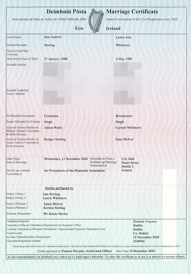 Laura and Iain's wedding certificate showing they married last month