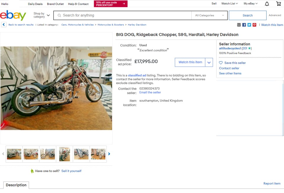 He is also selling a Hardtail Ridgeback Chopper, branded 'Big Dog', for £17,995