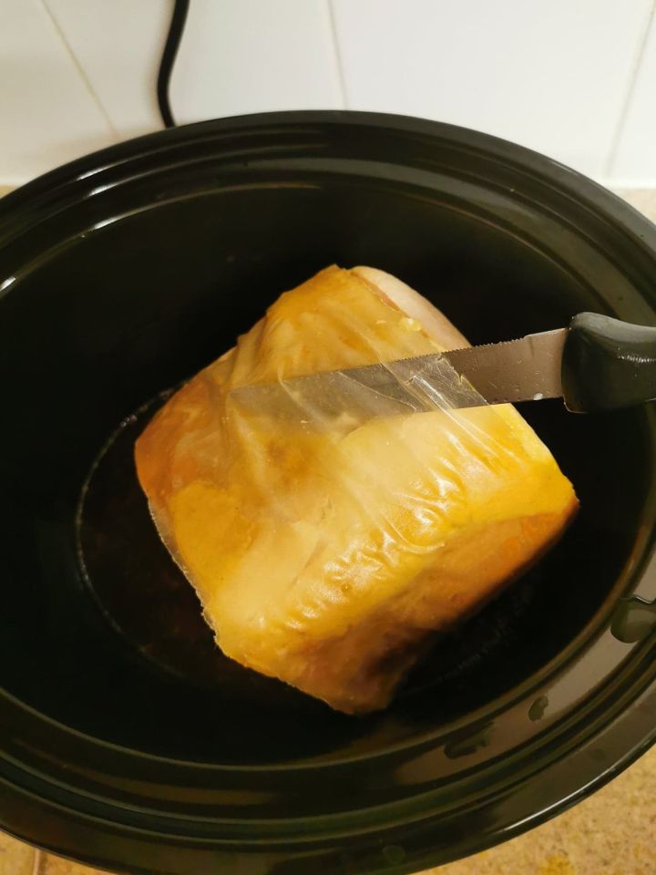 She left the gammon in the slow cooker for seven HOURS with the plastic still on