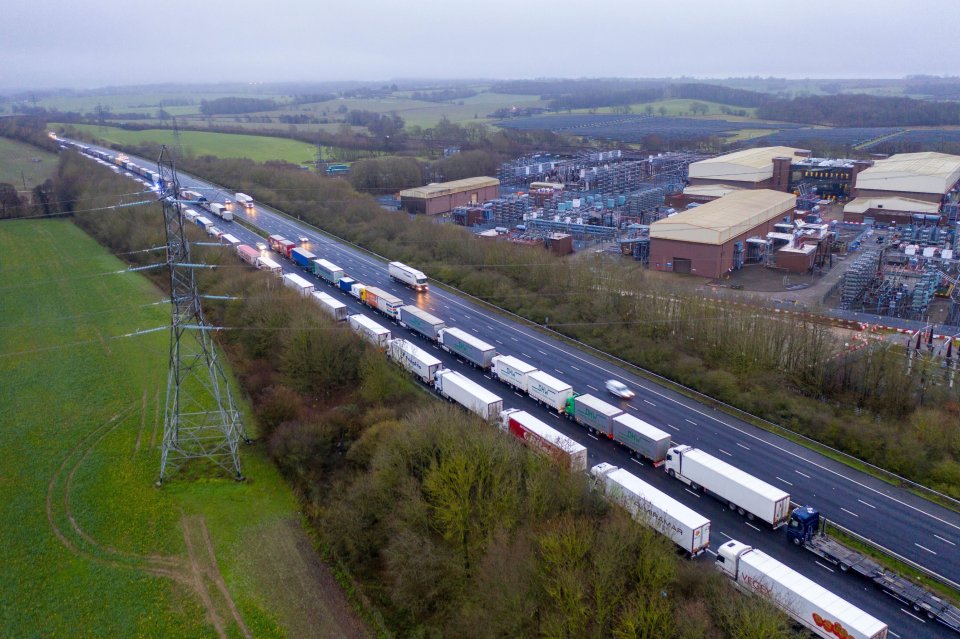 Huge queues of lorries formed in Kent today after France imposed a travel ban on freight from the UK