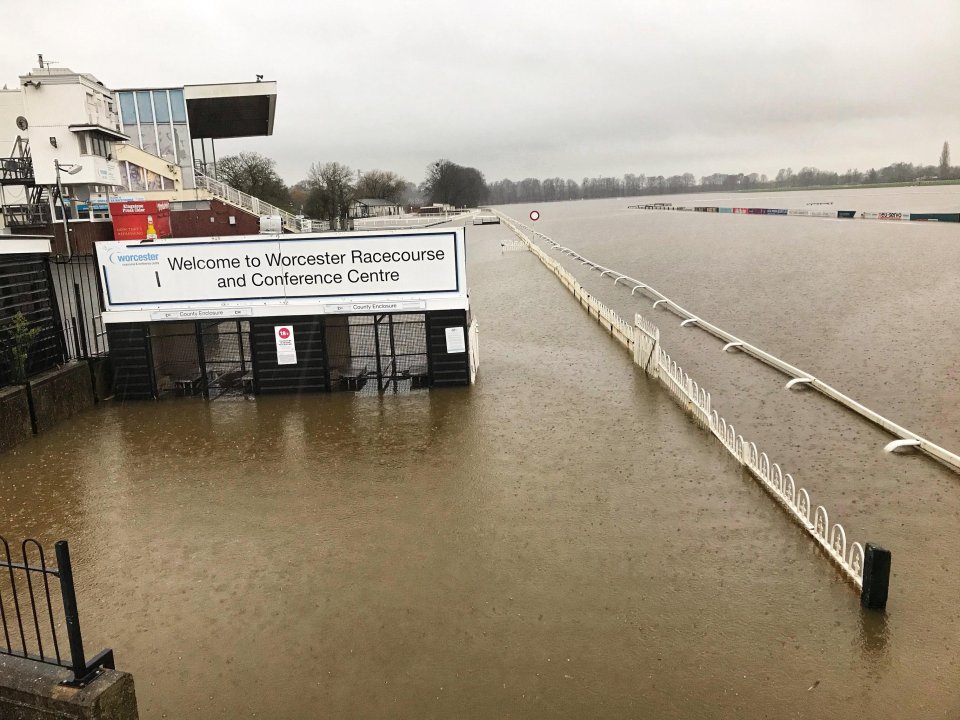 The river Severn has started to flood in Worcester on to the cities racecourse