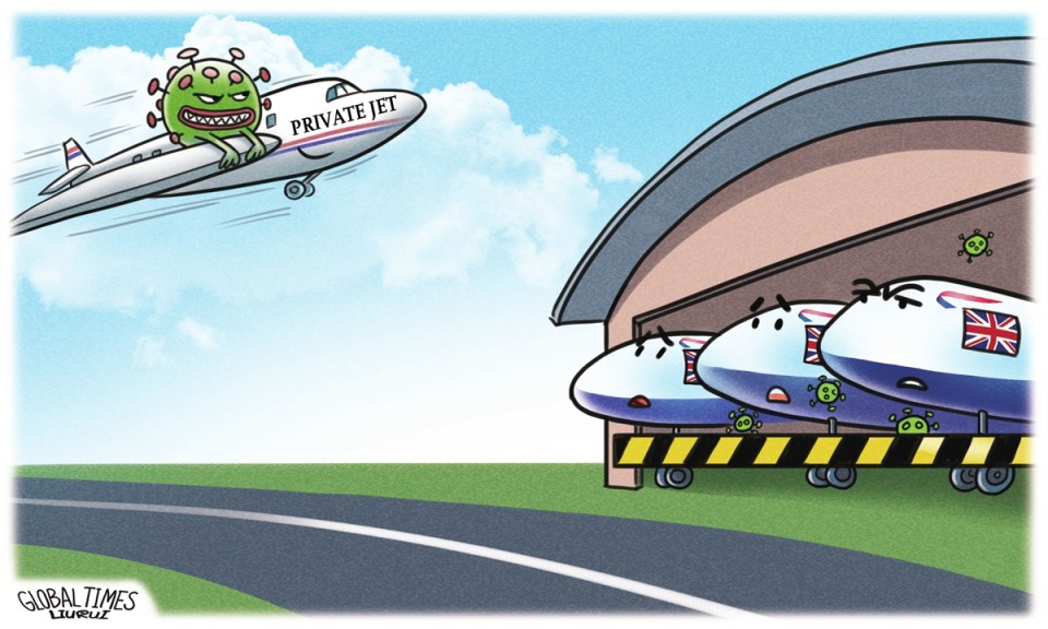 China published cartoons showing British planes riddled with coronavirus