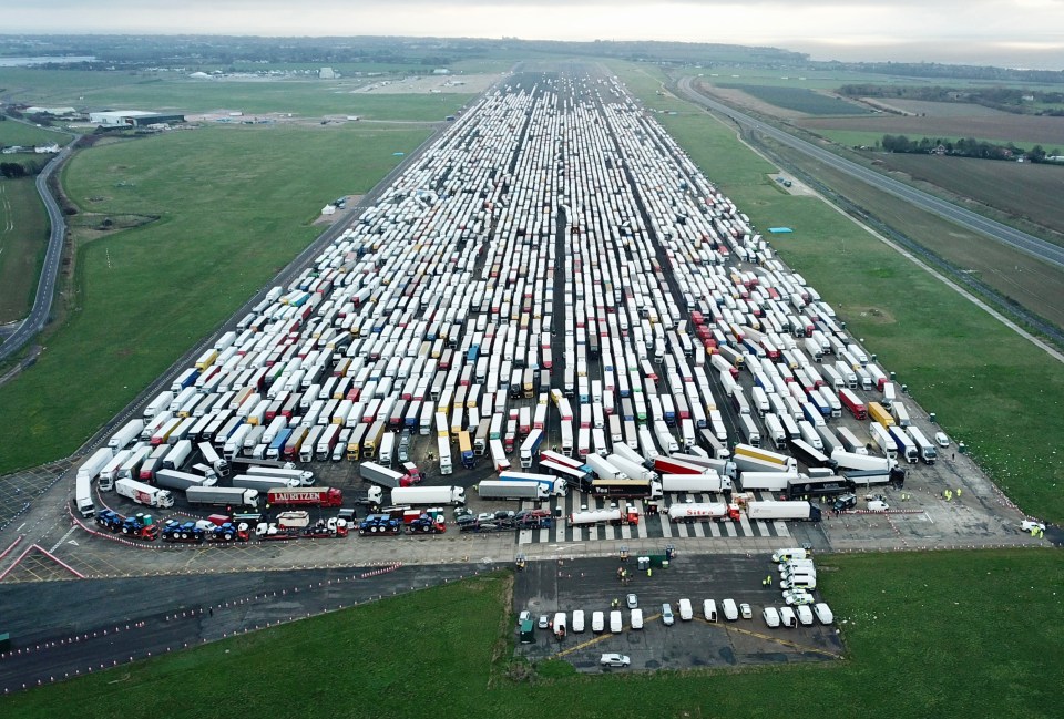 Lorries stacked as far as the eye can see at Manston Airport in Kent on Christmas Day