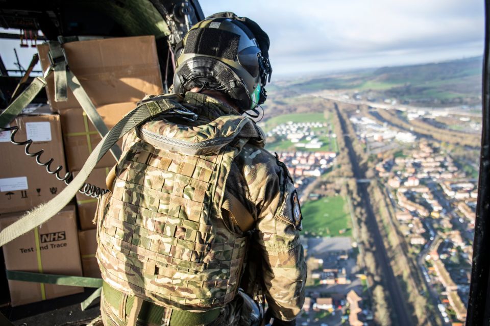 Tests for the drivers being taken on a Royal Air Force Puma helicopter