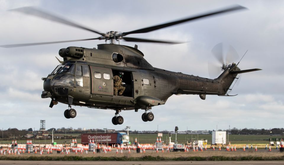 The helicopter departing Manston airfield 