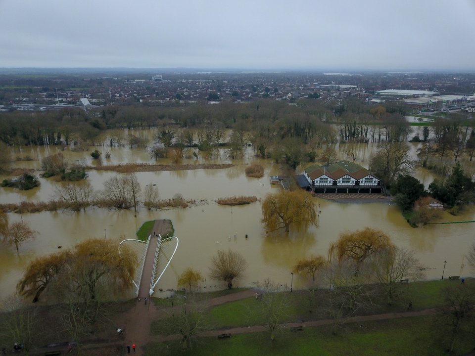 An aerial view of the town of Bedford, where 1300 homes along the river Ouse have been ordered to evacuate