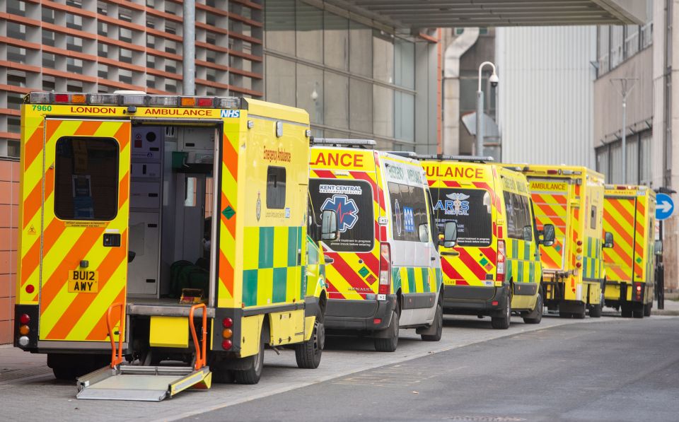 Ambulances lined up outside the Royal London Hospital, Whitechapel