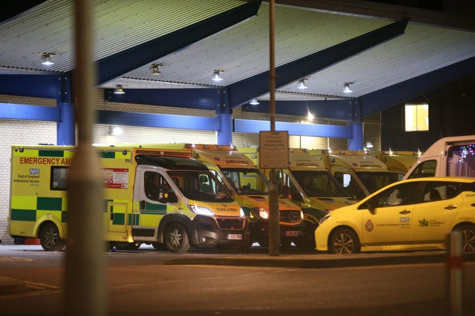 Ambulances outside Queen's Hospital in Romford, Londo