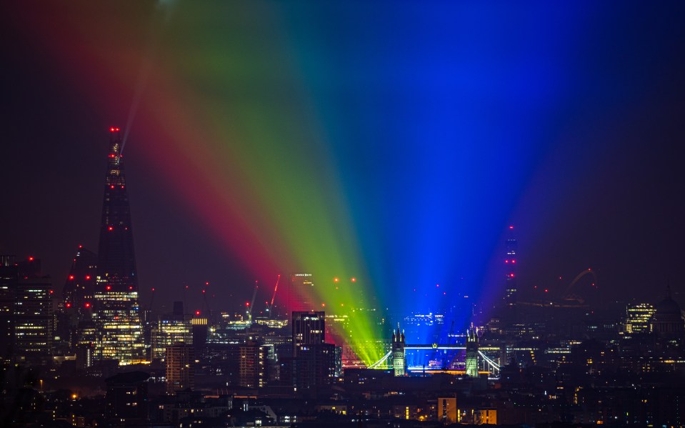 A test display of lights was seen over Tower Bridge in Central London last night