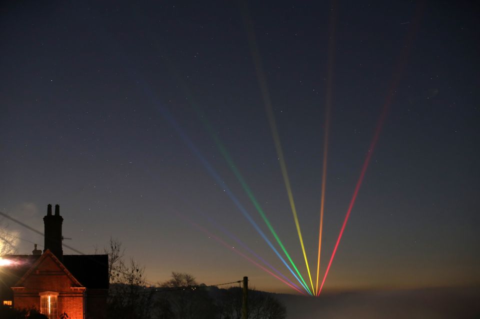 Lights in the night sky on New Year's Eve seen from Ironbridge, near Telford in Shropshire