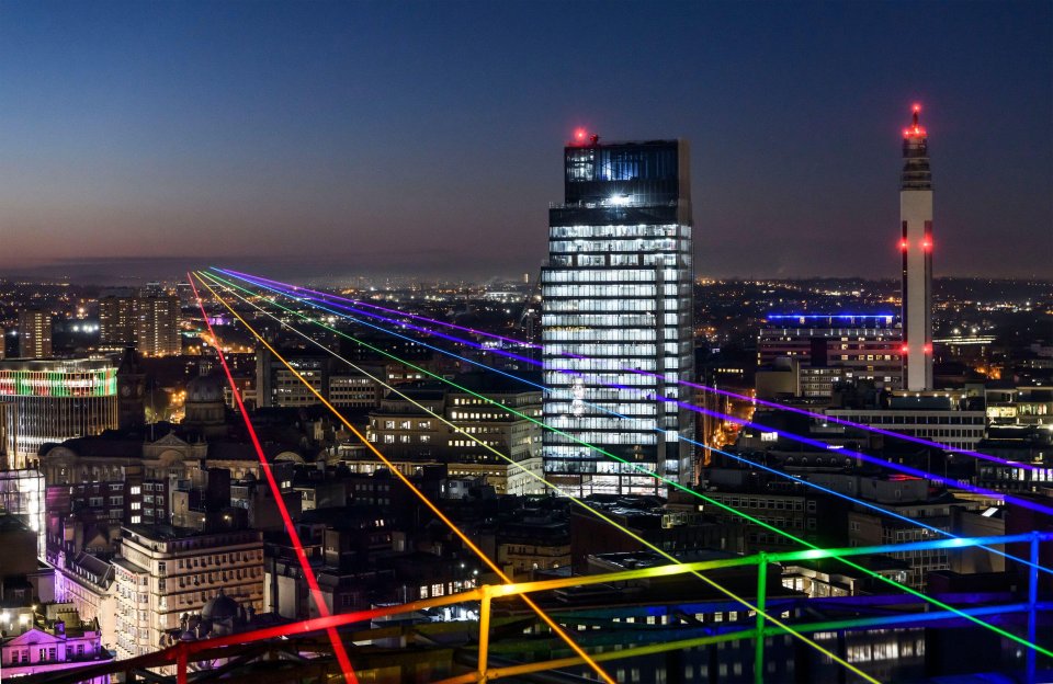 A rainbow art installation beams over Birmingham