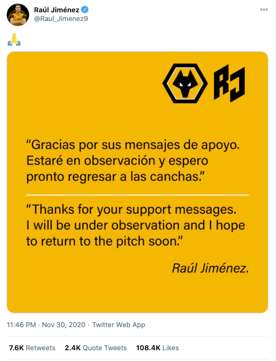 Raul Jimenez shared a positive update on Twitter following surgery