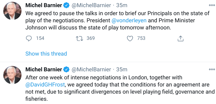 Michel Barnier tweeted that Brexit negotiations are now 'paused'